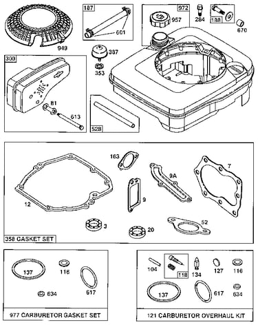 Fuel tank assembly and gasket set/carburetor overhaul kit