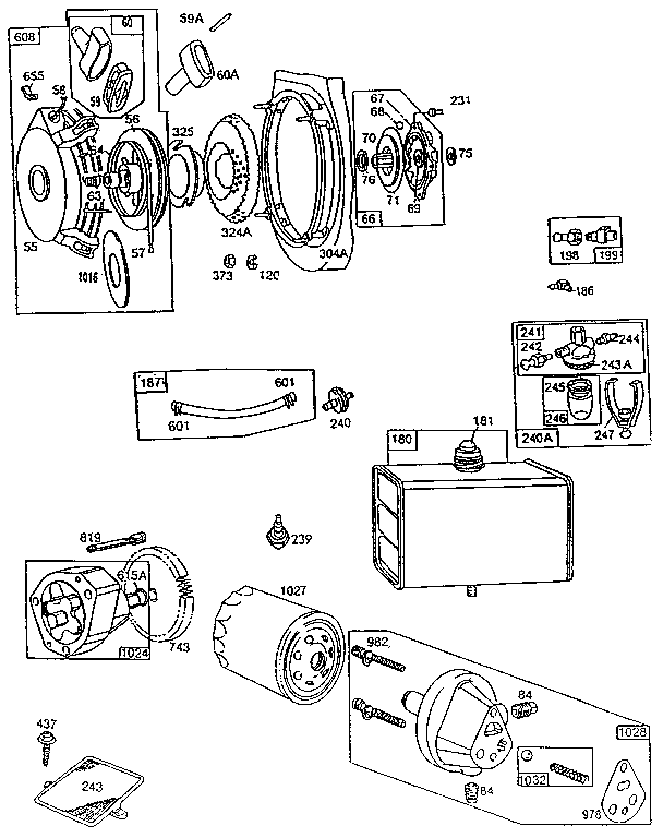 Rewind starter and oil filter adapter assembly