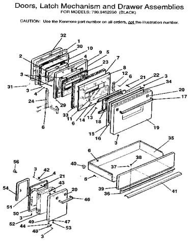 Doors, latch mechanism and drawer assemblies