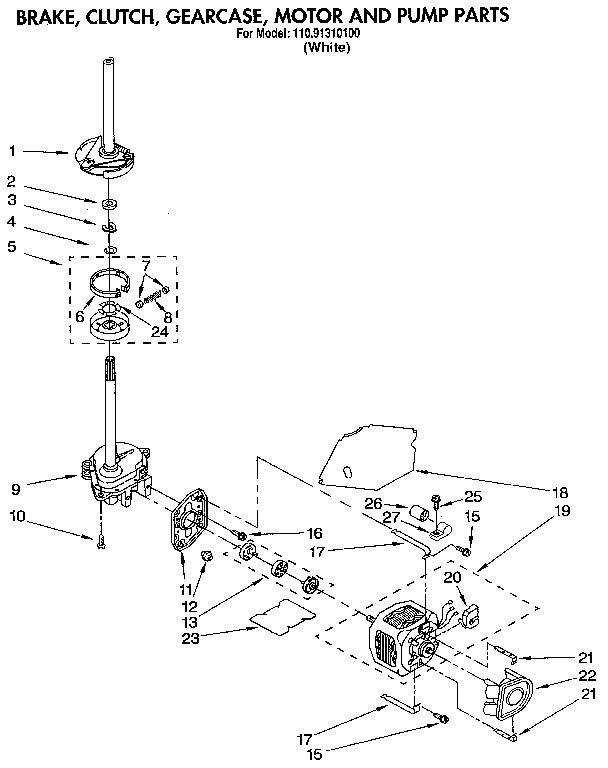 Brake, clutch, gearcase, motor and pump