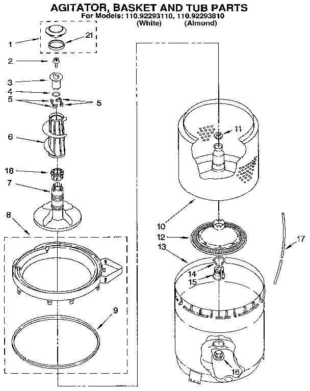 Agitator, basket and tub