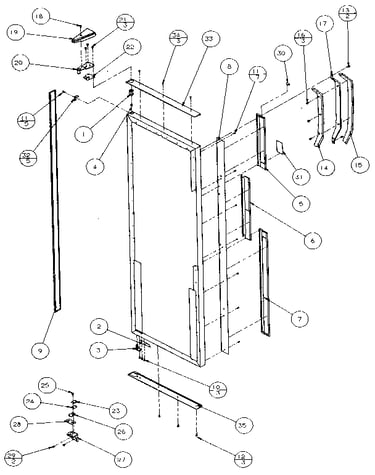 Refrigerator door, hinge, and trim
