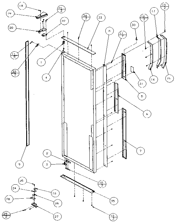 Refrigerator door, hinge, and trim
