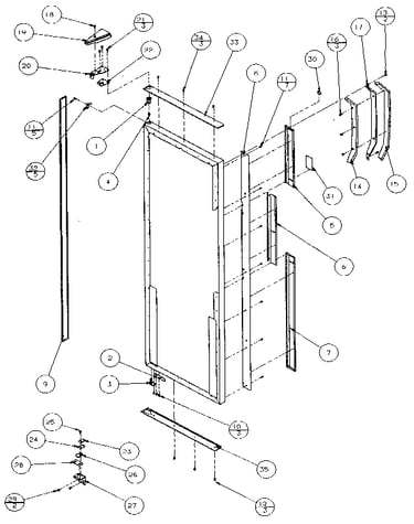 Refrigerator door, hinge, and trim