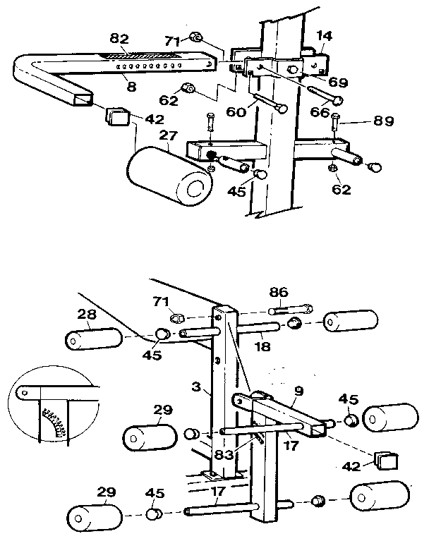 Peck-deck arm attachment & leg curl assemblies