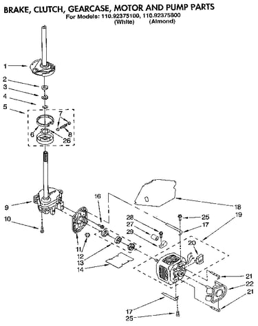 Brake, clutch, gearcase, motor and pump