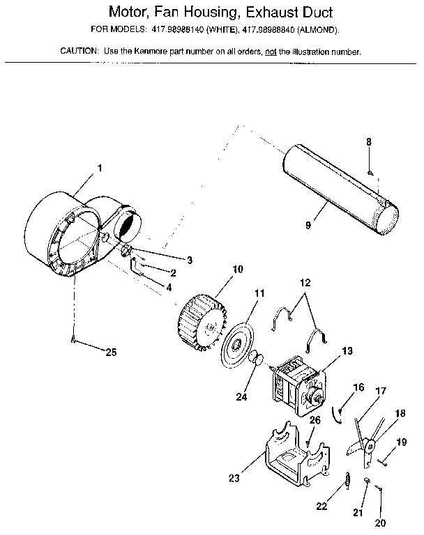 Motor, fan housing, exhaust duct