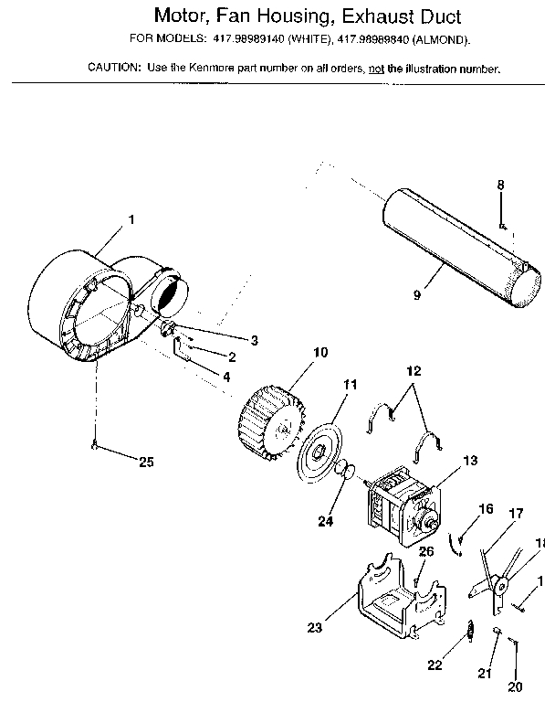 Motor, fan housing, exhaust duct