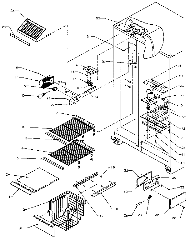 Freezer shelving and refrigerator light