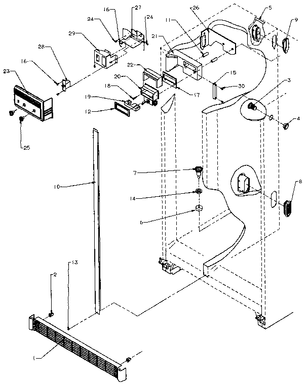 Refrigerator, freezer controls and cabinet