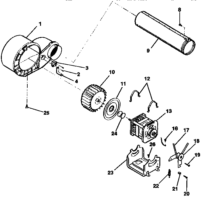 Motor, fan housing, exhaust duct
