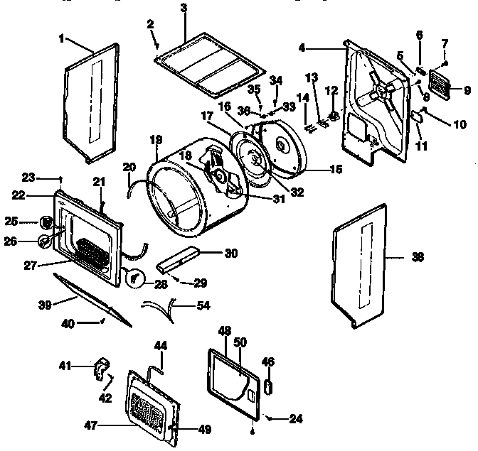 Dryer, cabinet, drum, heater