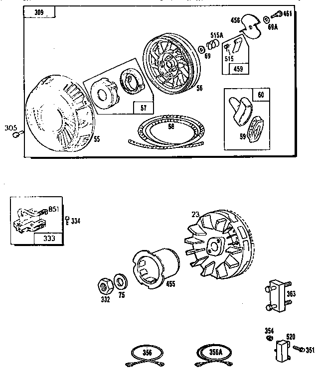 Rewind starter and flywheel assembly
