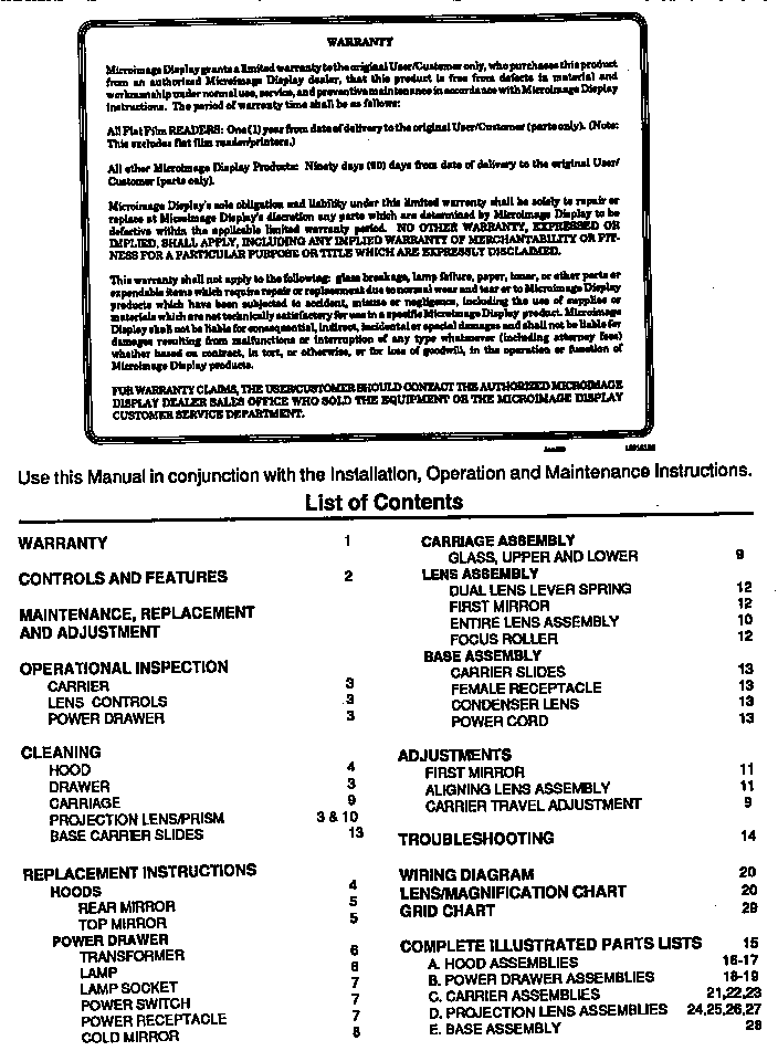 Warranty and list of contents