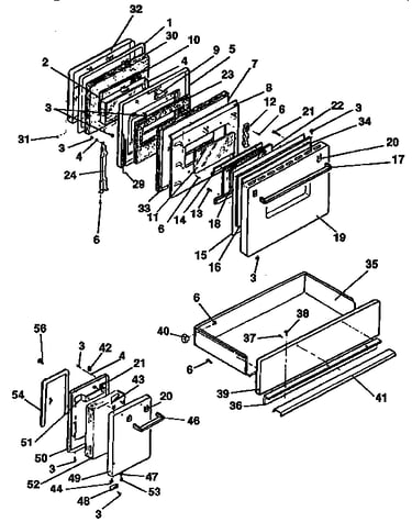 Doors, latch mechanism and drawer assemblies