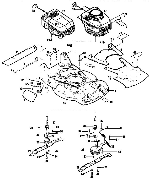 Engines, mower deck and blade assemblies