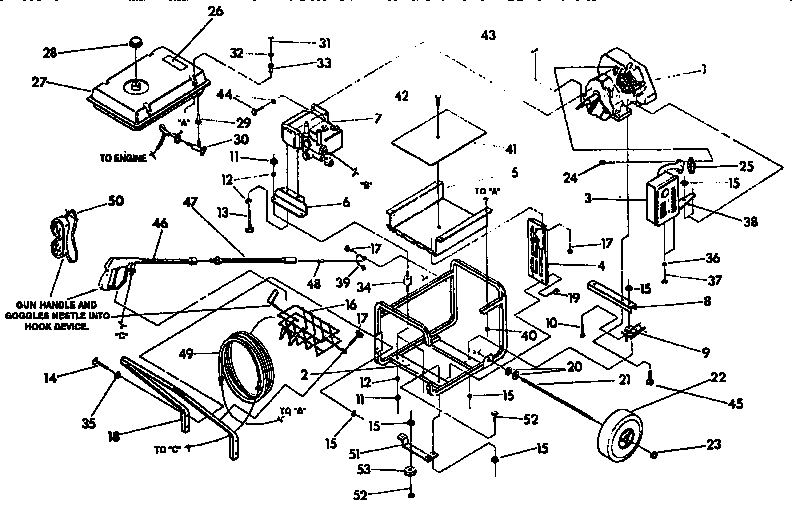 Cradle, muffler, and tank assembly