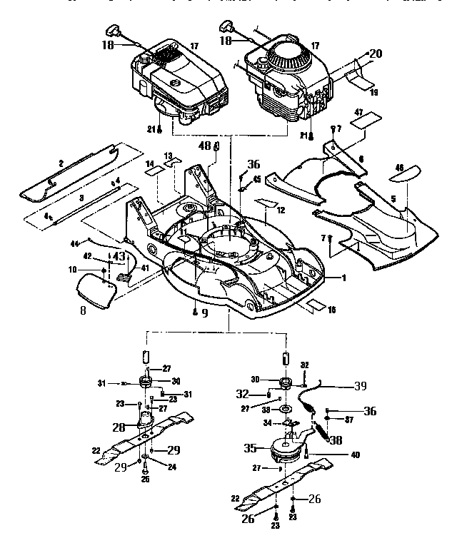 Engines, mower deck and blade assemblies
