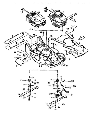 Engines, mower deck and blade assemblies