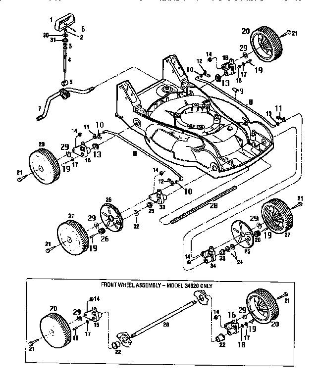 Cutting height control and wheel assemblies