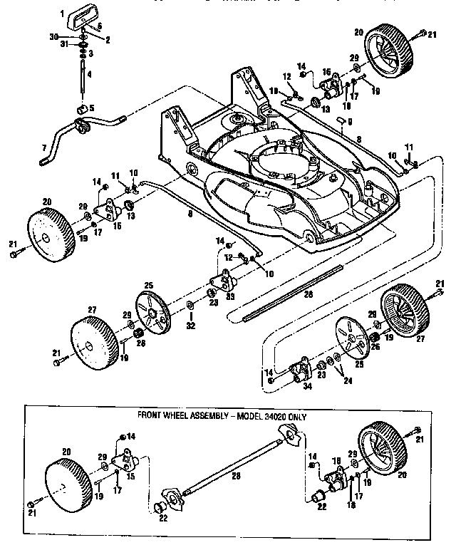 Cutting height control and wheel assemblies