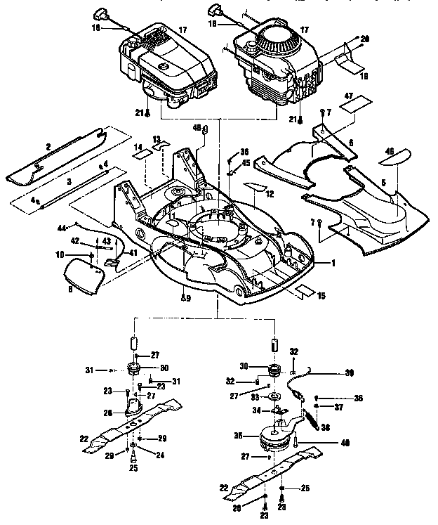 Engines, mower deck and blade assemblies