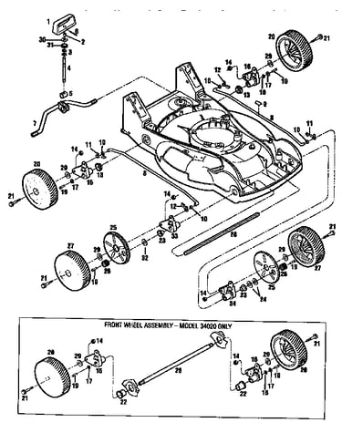 Cutting height control and wheel assemblies