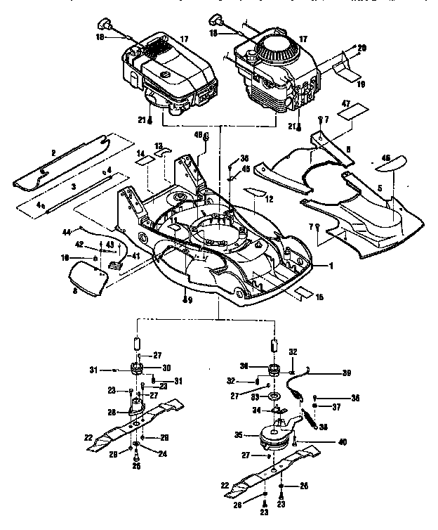Engines, mower deck, and blade assemblies