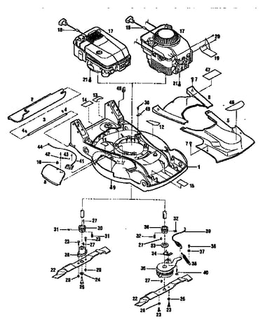 Engines, mower deck, and blade assemblies