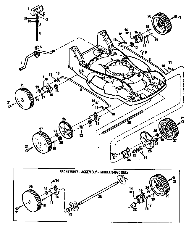 Cutting height control and wheel assemblies