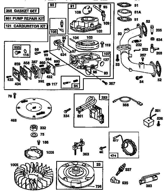 CARBURETOR AND FLYWHEEL ASSEMBLY