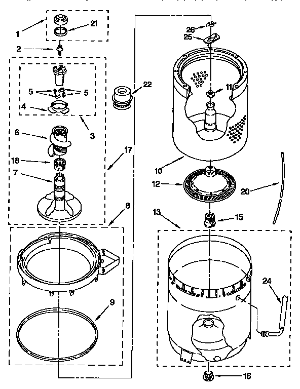 AGITATOR, BASKET AND TUB