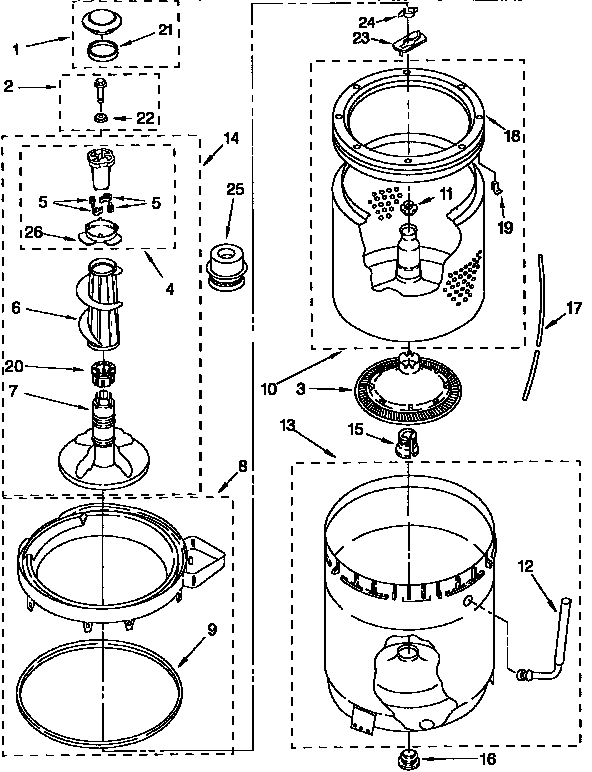 AGITATOR, BASKET AND TUB