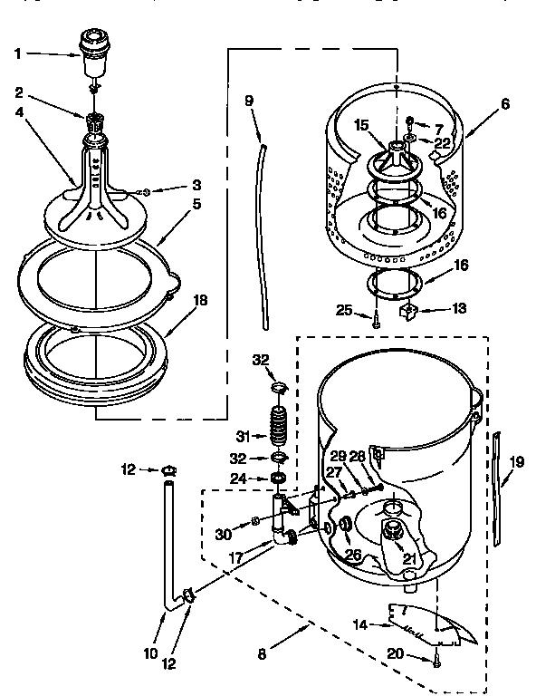 AGITATOR, BASKET AND TUB