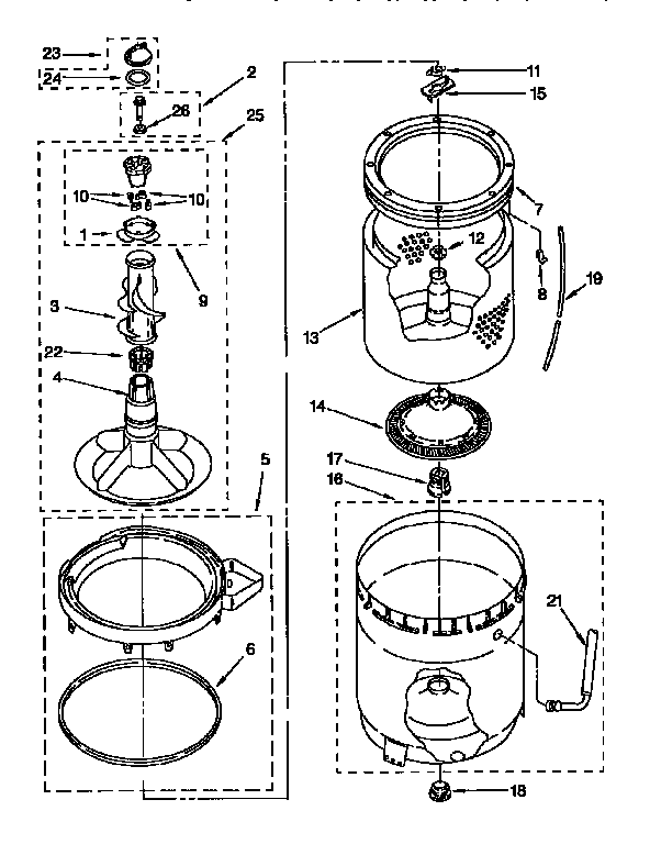 Agitator, basket and tub