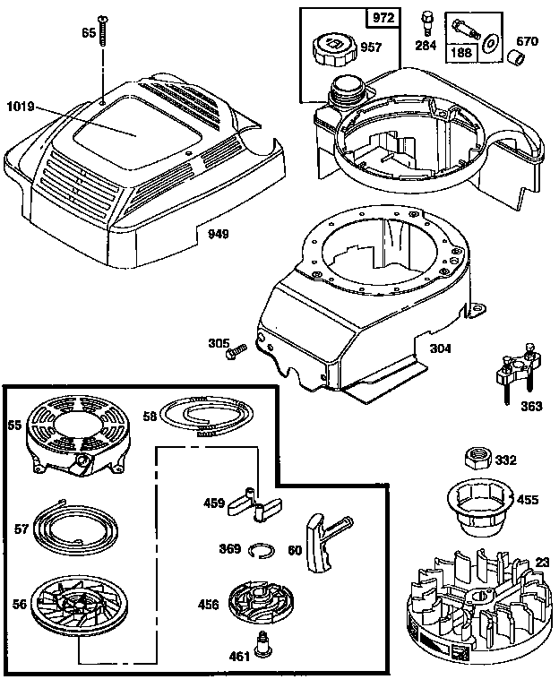 Rewind starter and blower housing
