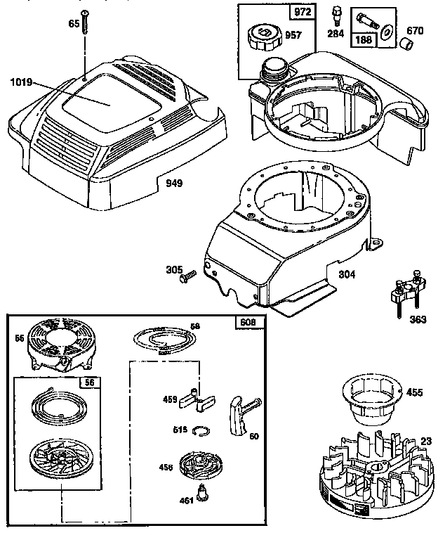 Rewind starter and blower housing