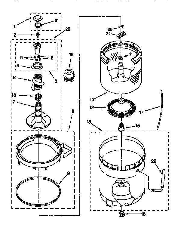 AGITATOR, BASKET AND TUB