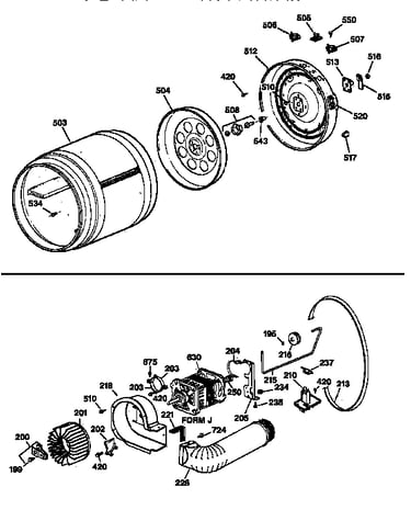 Drum, heater asm., blower & drive assembly