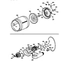 GE DBLR453ET0AA drum, heater asm., blower & drive assembly diagram