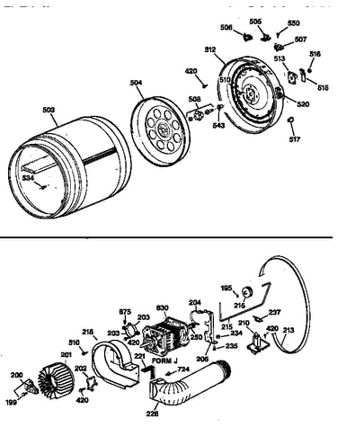 Drum, heater asm., blower & drive assembly