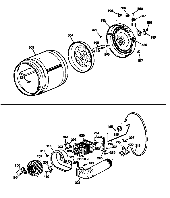 Drum, heater asm., blower & drive assembly