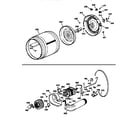 GE DLLR113ET0WB drum, heater asm., blower & drive assembly diagram
