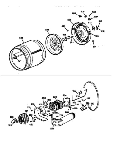 Drum, heater asm., blower & drive assembly