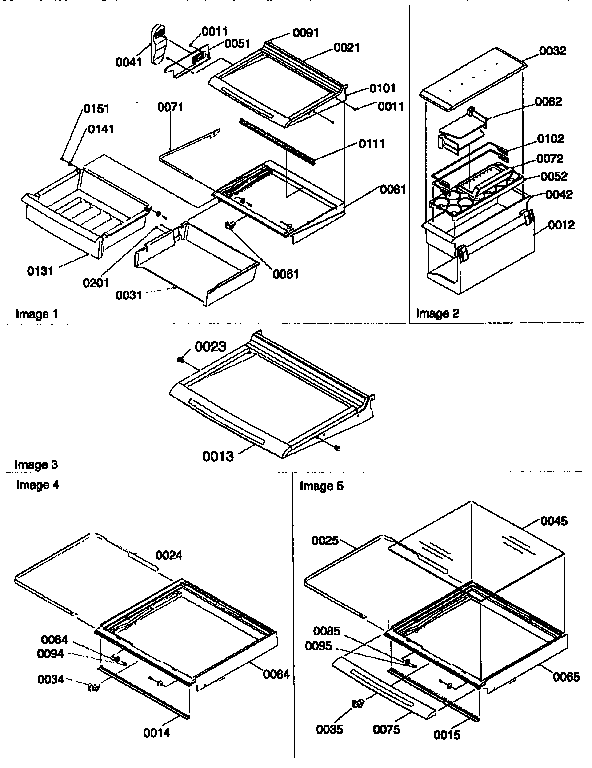 Dell, shelf and crisper assemblies