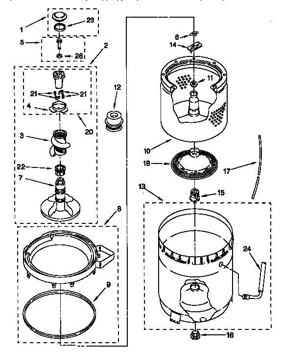 Agitator, basket, tub