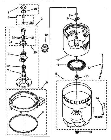 Agitator, basket, tub
