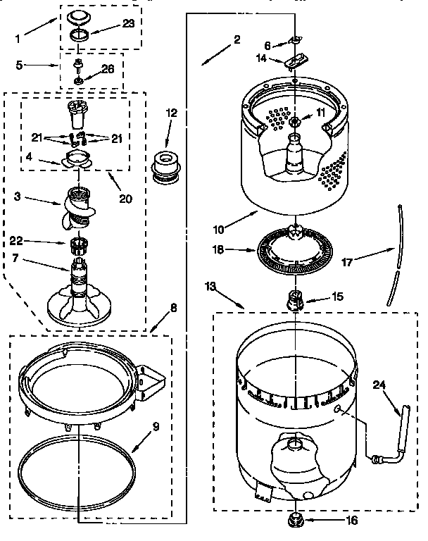 AGITATOR, BASKET AND TUB