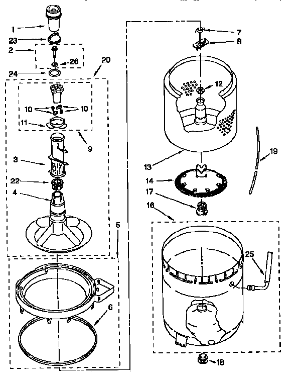 Agitator, basket, and tub