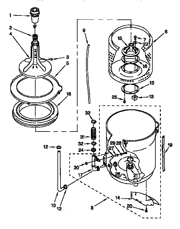 AGITATOR, BASKET AND TUB